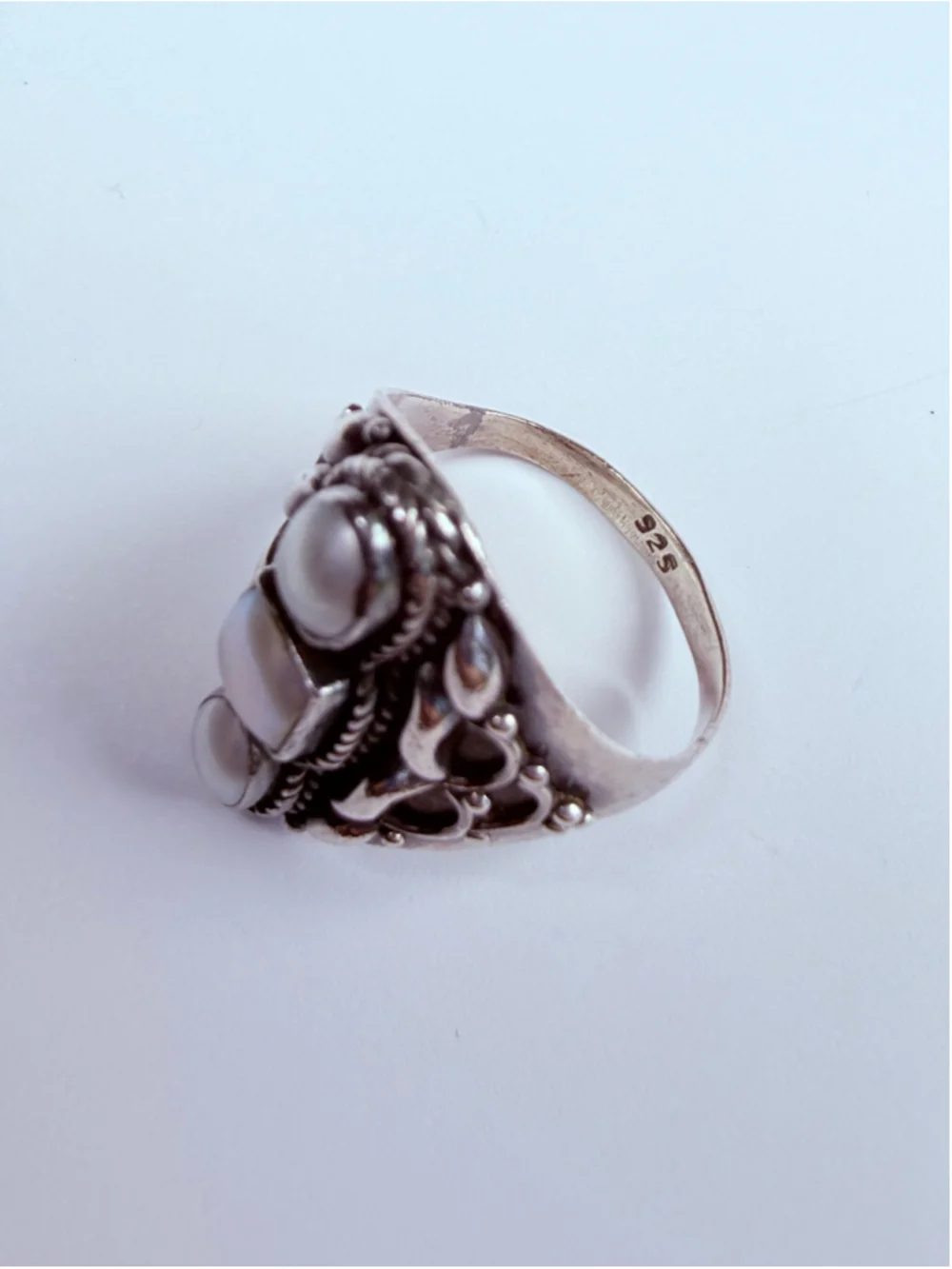 Modernist Armor Shield Ornate Freshwater Pearl 925 Sterling Silver Vintage Ring